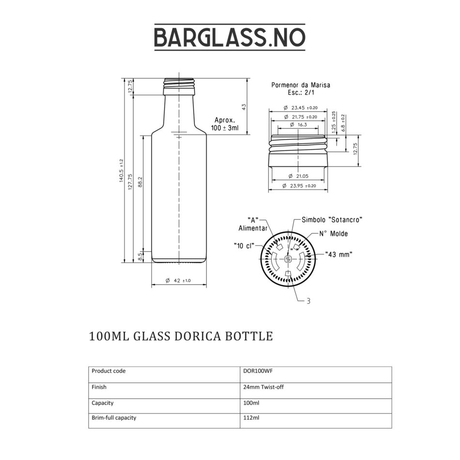 100ml Dorica glassflaske 24mm tegning