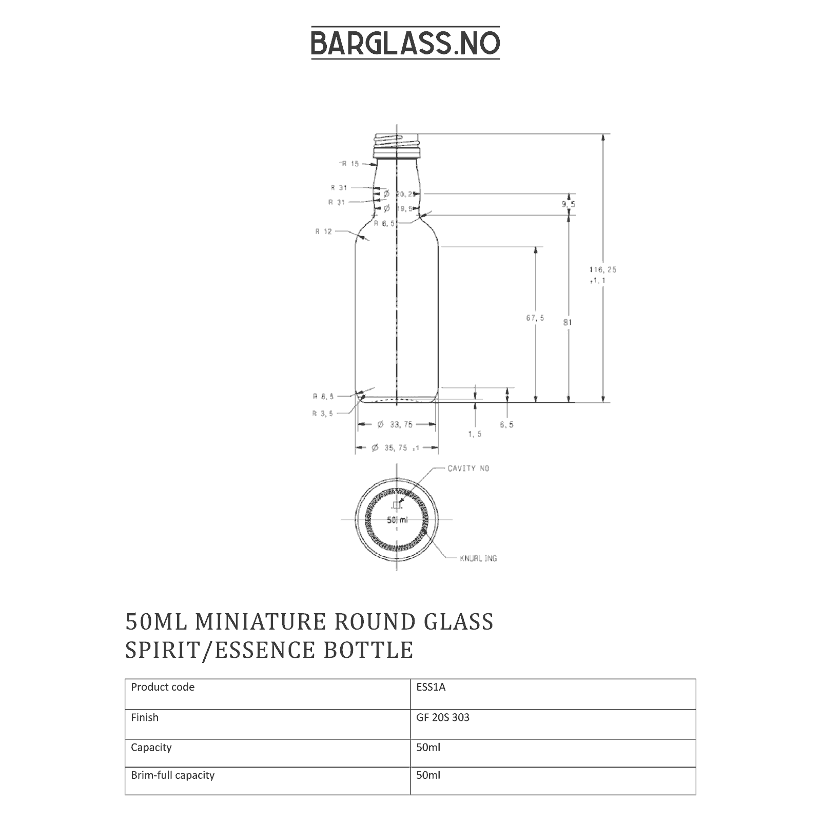 Teknisk tegning av 50 ml miniflaske i klart glass, høyde 116,25 mm og diameter 35,75 mm med 20 mm skrukork